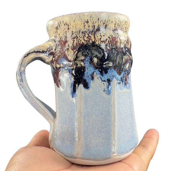 Primitive Style Hand Made Pottery Coffee Mug Cup Drip Glaze Signed By Artist VTG - Picture 1 of 15